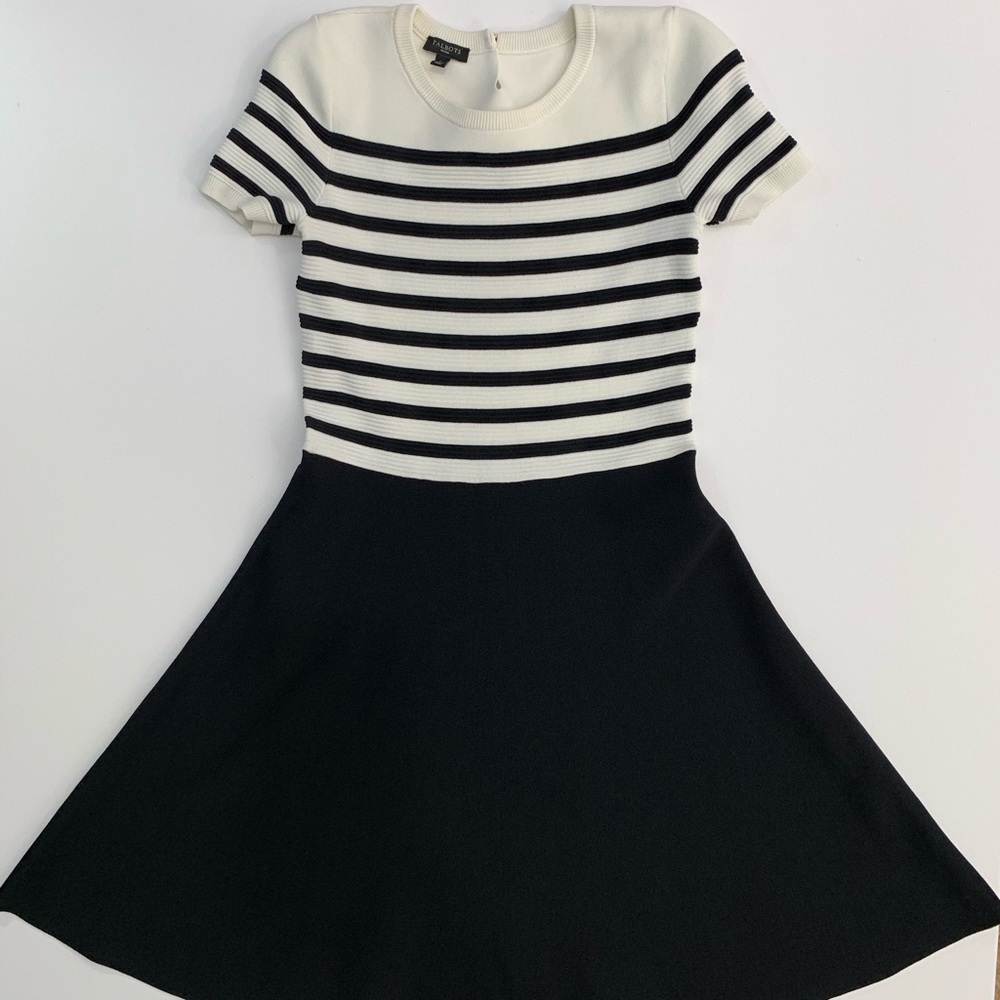 Talbots Black and White Striped Fit-and-Flare Midi Dress